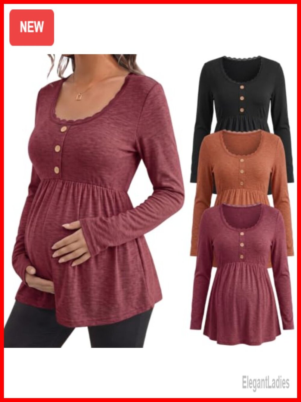 Maternity Long Sleeve Lace Tunic Top 3 Pack U Neck Empire Waist Flowy